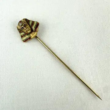 Egyptian Revival 14k Gold Stick Pin with Enamel & Mine Cut Diamond