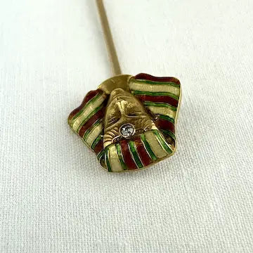 Egyptian Revival 14k Gold Stick Pin with Enamel & Mine Cut Diamond