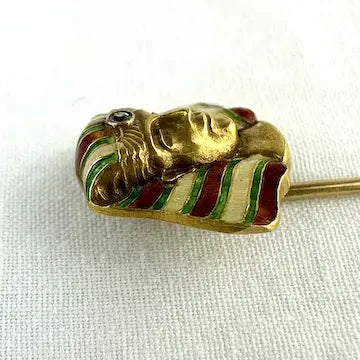 Egyptian Revival 14k Gold Stick Pin with Enamel & Mine Cut Diamond