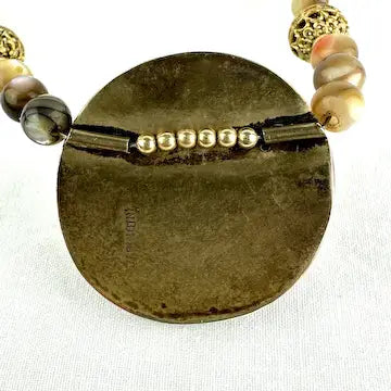 Enamel Pearl and Abalone Bead Necklace Signed Ingrid