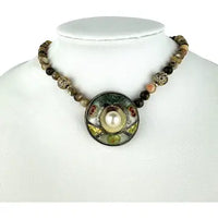 Enamel Pearl and Abalone Bead Necklace Signed Ingrid