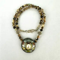 Enamel Pearl and Abalone Bead Necklace Signed Ingrid