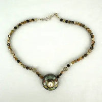 Enamel Pearl and Abalone Bead Necklace Signed Ingrid