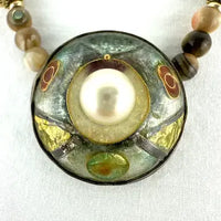 Enamel Pearl and Abalone Bead Necklace Signed Ingrid