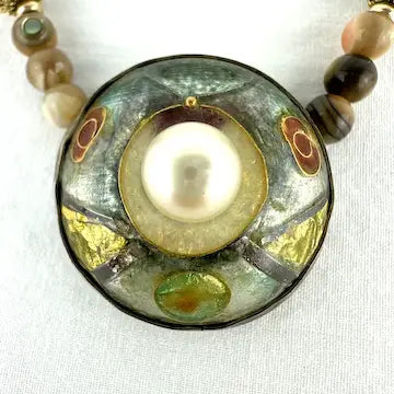 Enamel Pearl and Abalone Bead Necklace Signed Ingrid