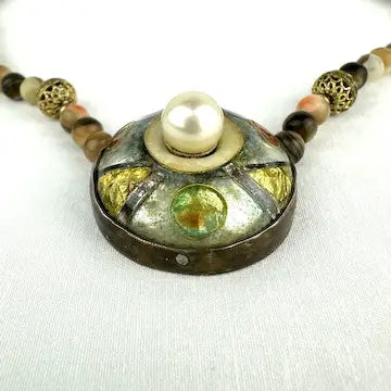 Enamel Pearl and Abalone Bead Necklace Signed Ingrid