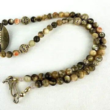 Enamel Pearl and Abalone Bead Necklace Signed Ingrid