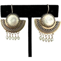 Etruscan Revival 14k Gold Mother of Pearl Earrings with Seed Pearl Drops