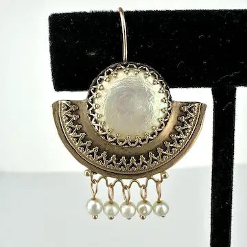 Etruscan Revival 14k Gold Mother of Pearl Earrings with Seed Pearl Drops