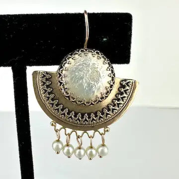 Etruscan Revival 14k Gold Mother of Pearl Earrings with Seed Pearl Drops