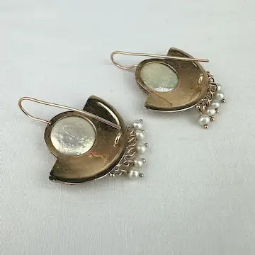Etruscan Revival 14k Gold Mother of Pearl Earrings with Seed Pearl Drops