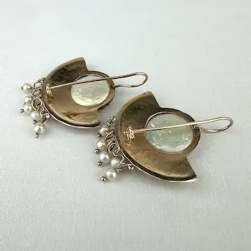 Etruscan Revival 14k Gold Mother of Pearl Earrings with Seed Pearl Drops