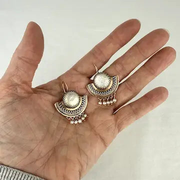 Etruscan Revival 14k Gold Mother of Pearl Earrings with Seed Pearl Drops