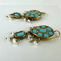 Georgian 18k Gold Emerald Turquoise and Pearl Reversible Earring Pendant and Ring Parure