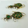 Georgian 18k Gold Emerald Turquoise and Pearl Reversible Earring Pendant and Ring Parure