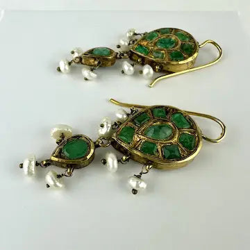 Georgian 18k Gold Emerald Turquoise and Pearl Reversible Earring Pendant and Ring Parure