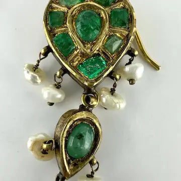 Georgian 18k Gold Emerald Turquoise and Pearl Reversible Earring Pendant and Ring Parure