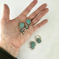 Georgian 18k Gold Emerald Turquoise and Pearl Reversible Earring Pendant and Ring Parure