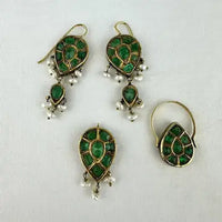 Georgian 18k Gold Emerald Turquoise and Pearl Reversible Earring Pendant and Ring Parure