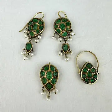 Georgian 18k Gold Emerald Turquoise and Pearl Reversible Earring Pendant and Ring Parure