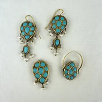 Georgian 18k Gold Emerald Turquoise and Pearl Reversible Earring Pendant and Ring Parure