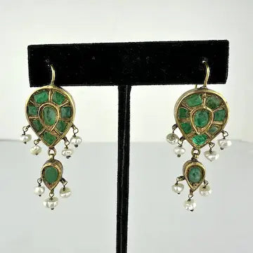 Georgian 18k Gold Emerald Turquoise and Pearl Reversible Earring Pendant and Ring Parure