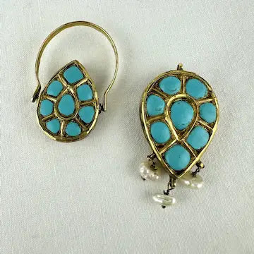 Georgian 18k Gold Emerald Turquoise and Pearl Reversible Earring Pendant and Ring Parure