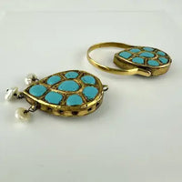 Georgian 18k Gold Emerald Turquoise and Pearl Reversible Earring Pendant and Ring Parure