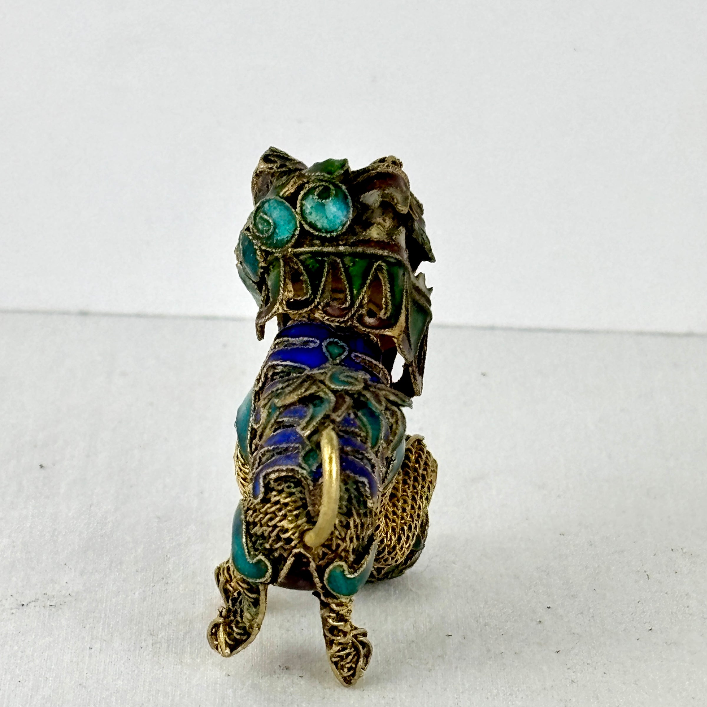 Early 20th‑Century Chinese Cloisonné Guardian Lions • Rotating Heads & Spinning Balls • Miniature Filigree Pair