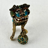 Early 20th‑Century Chinese Cloisonné Guardian Lions • Rotating Heads & Spinning Balls • Miniature Filigree Pair