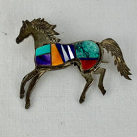 Davin Benally Navajo Multi‑Stone Inlay Horse Brooch — Sterling & DB Hallmark