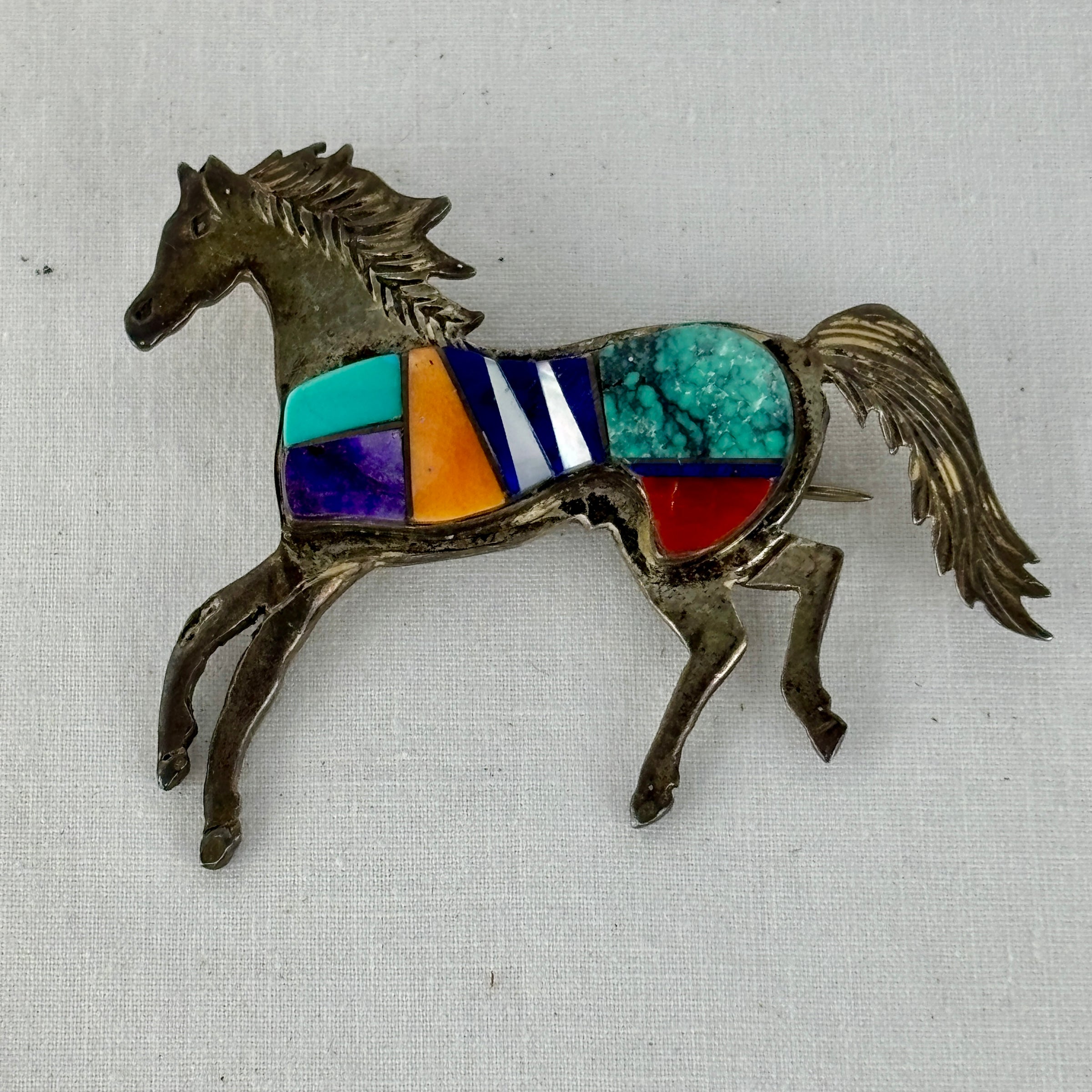 Davin Benally Navajo Multi‑Stone Inlay Horse Brooch — Sterling & DB Hallmark