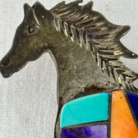 Davin Benally Navajo Multi‑Stone Inlay Horse Brooch — Sterling & DB Hallmark