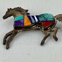 Davin Benally Navajo Multi‑Stone Inlay Horse Brooch — Sterling & DB Hallmark
