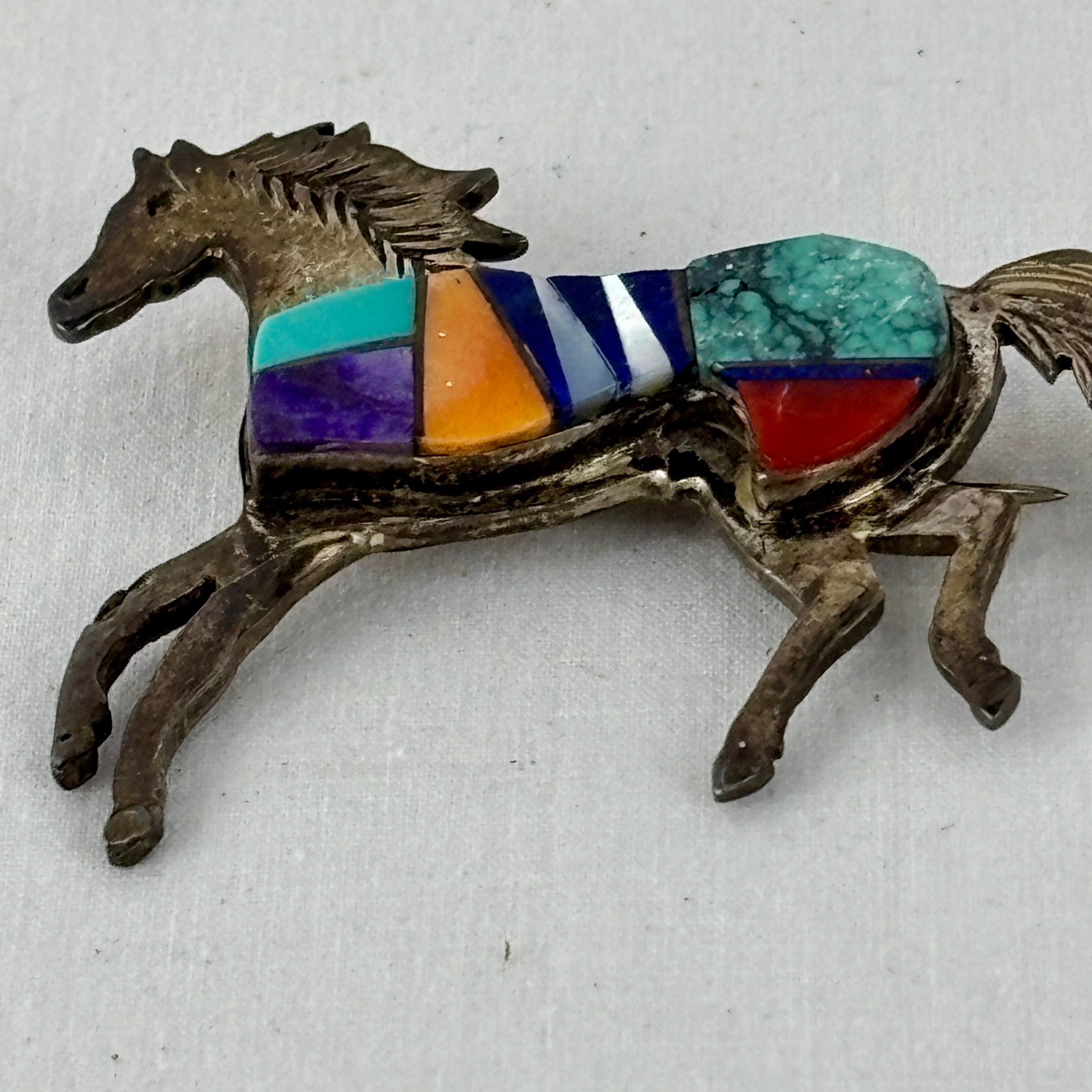 Davin Benally Navajo Multi‑Stone Inlay Horse Brooch — Sterling & DB Hallmark
