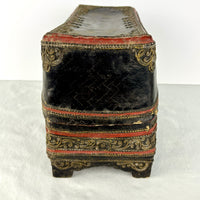 19th‑Century Burmese Gilded Lacquer Manuscript Chest – Mandalay Thayo Relief – Bamboo & Wood Construction – c.1880–1920