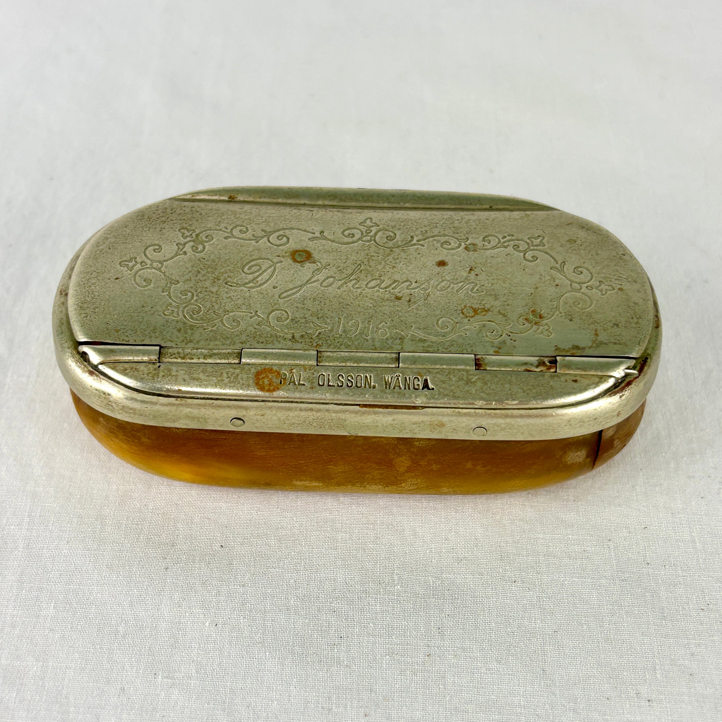 1916 Swedish Horn Snuff Box, Signed Pål Olsson, Vånga