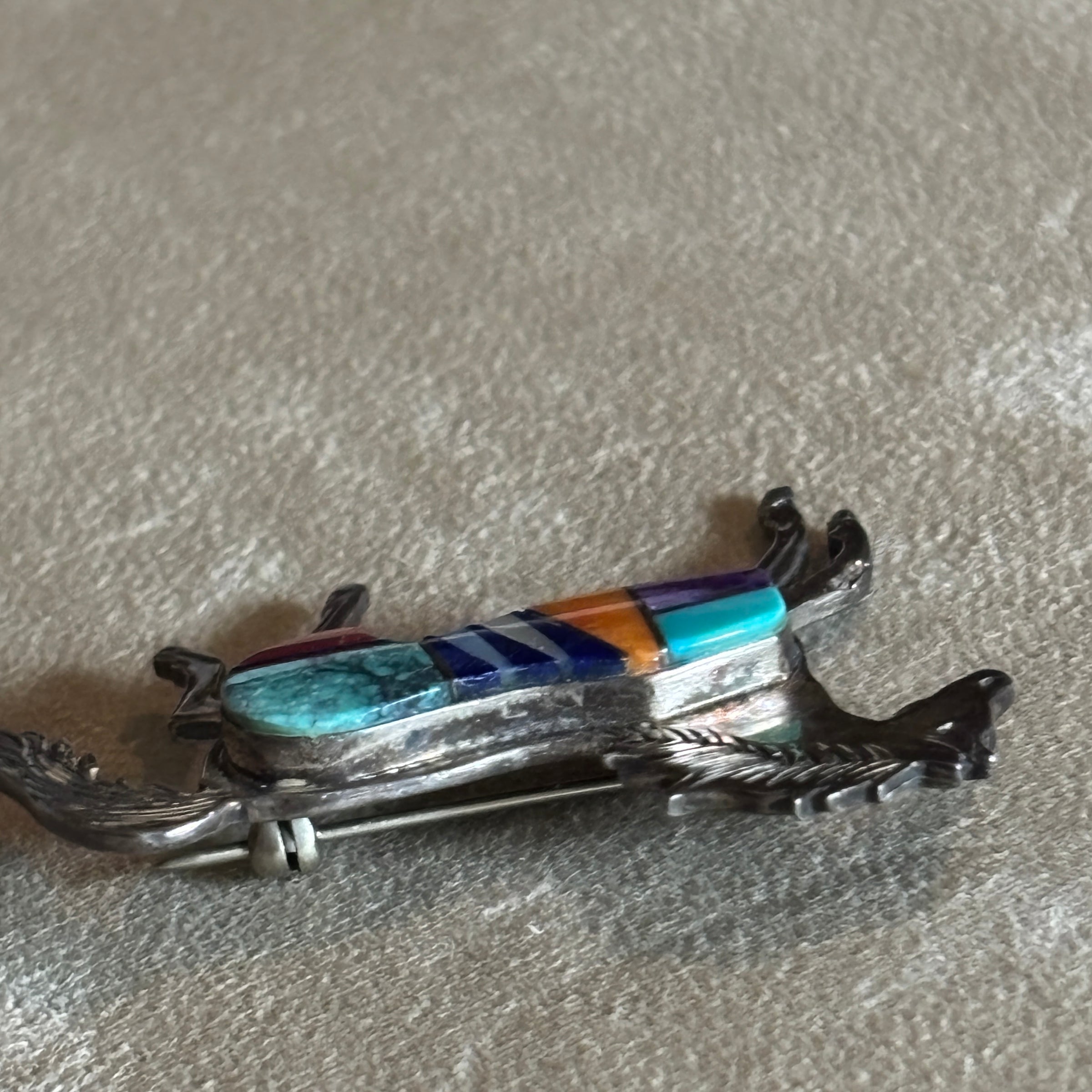 Davin Benally Navajo Multi‑Stone Inlay Horse Brooch — Sterling & DB Hallmark