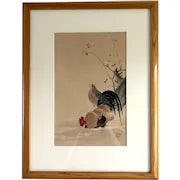 Japanese Woodcut Reprint of Rooster and Hen by Ito Jakuchu