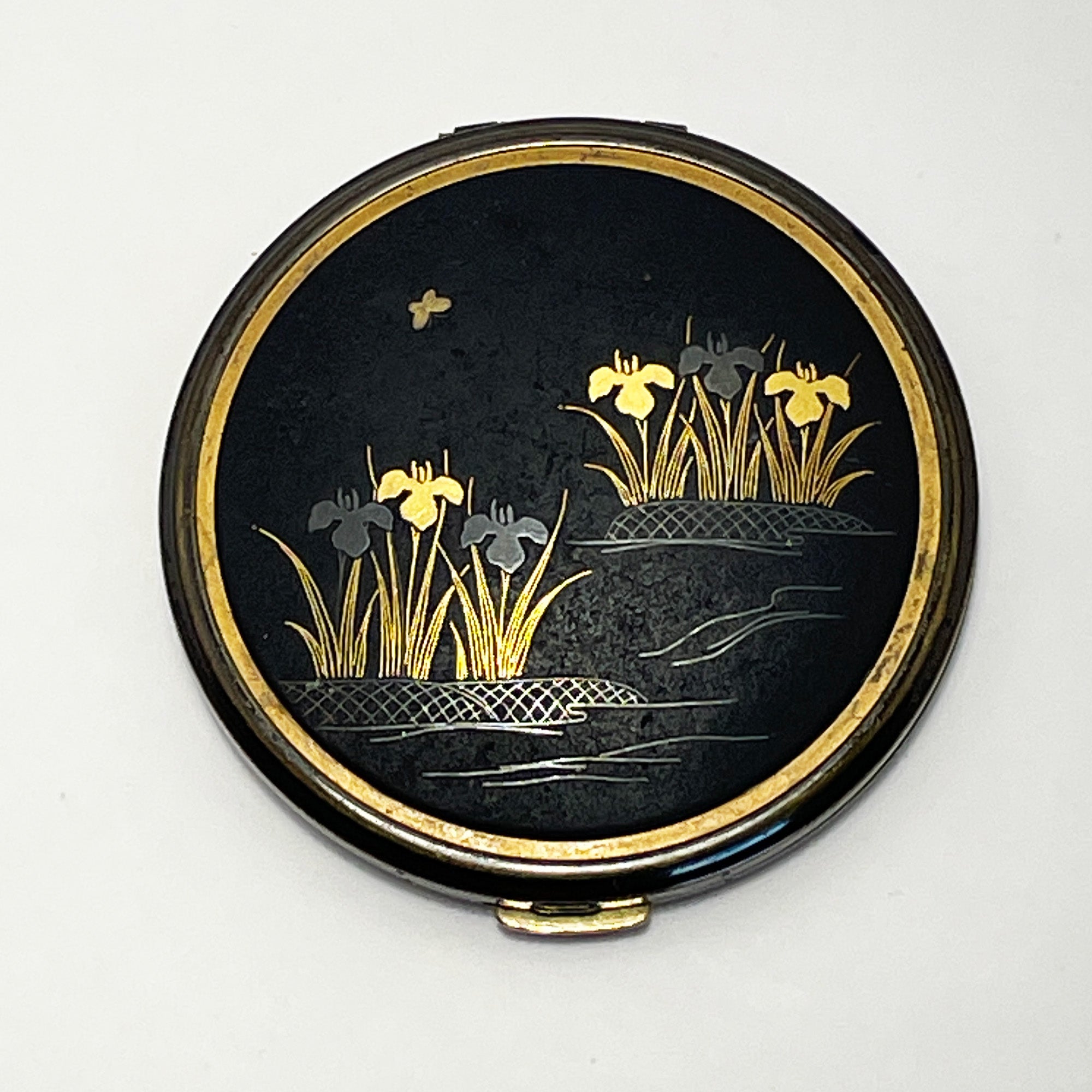 Vintage Damascene Gilded Metal Makeup Compact with Floral Motif