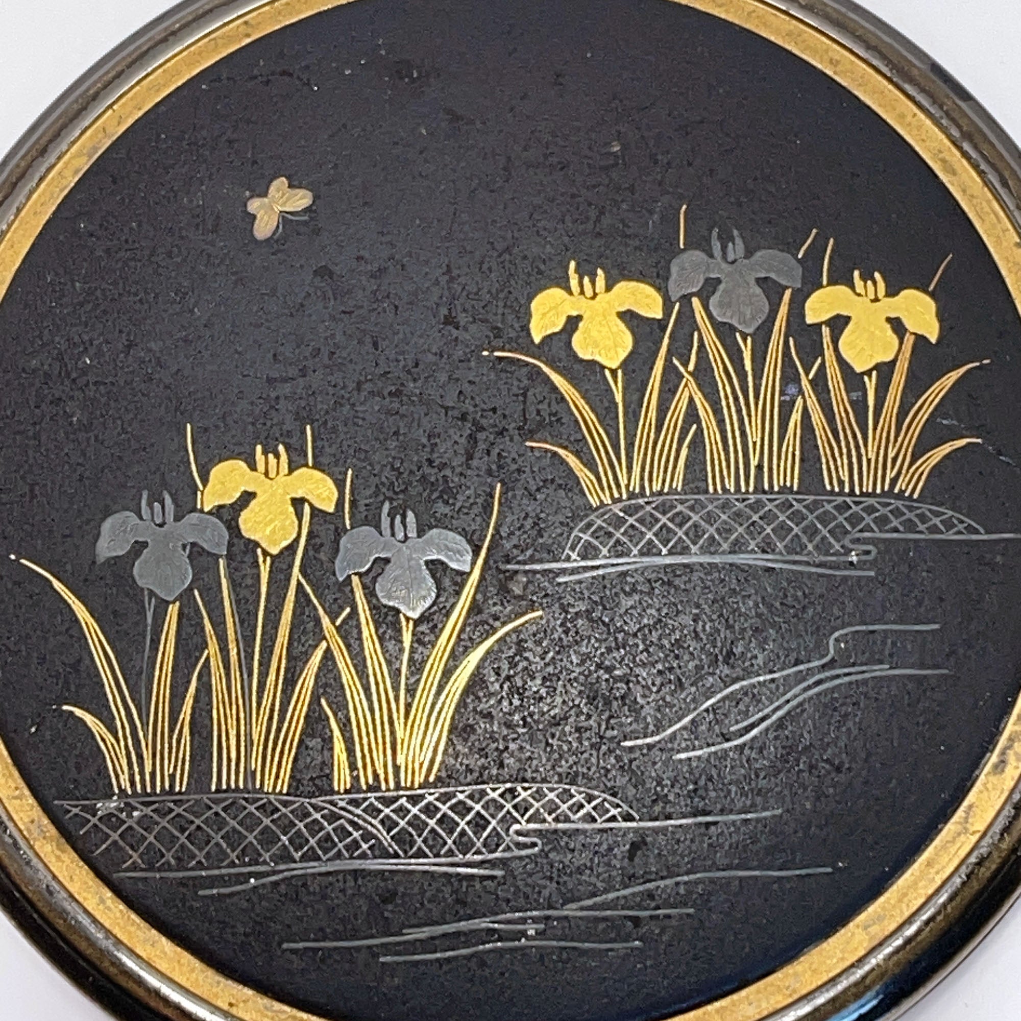 Vintage Damascene Gilded Metal Makeup Compact with Floral Motif