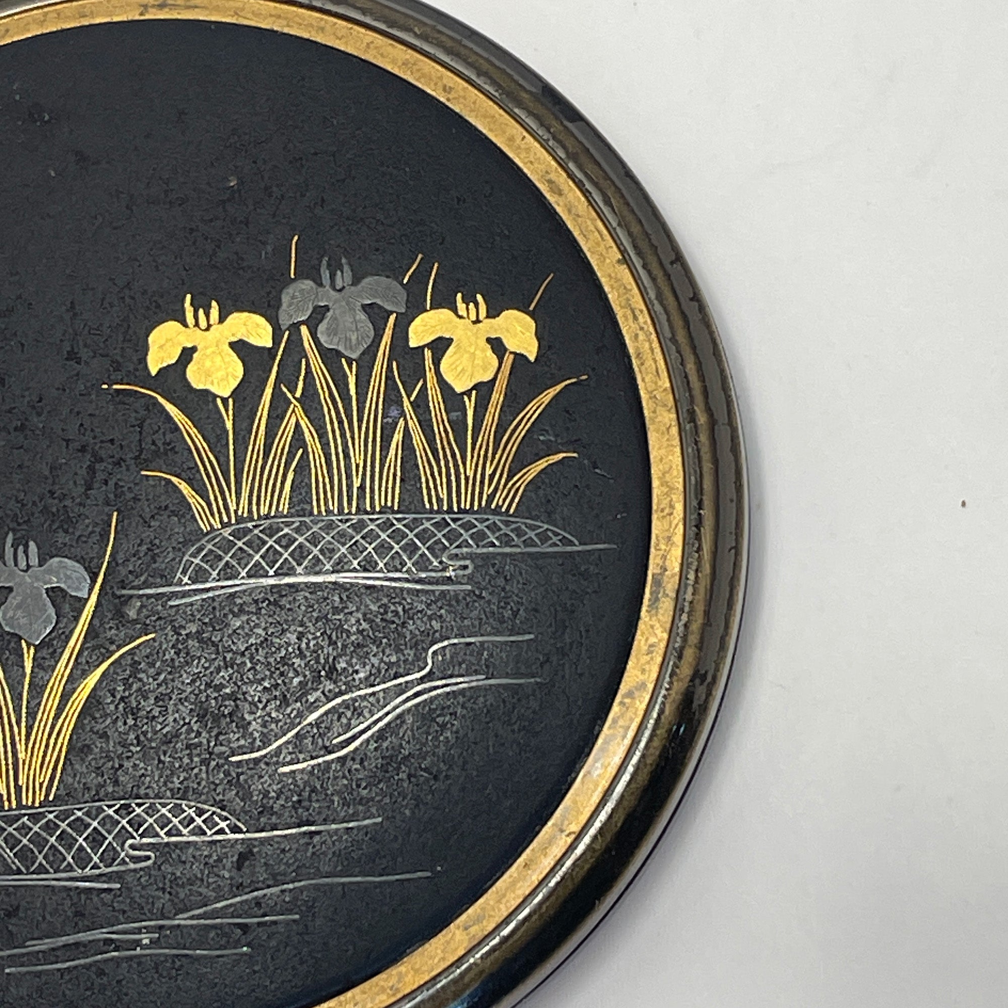 Vintage Damascene Gilded Metal Makeup Compact with Floral Motif