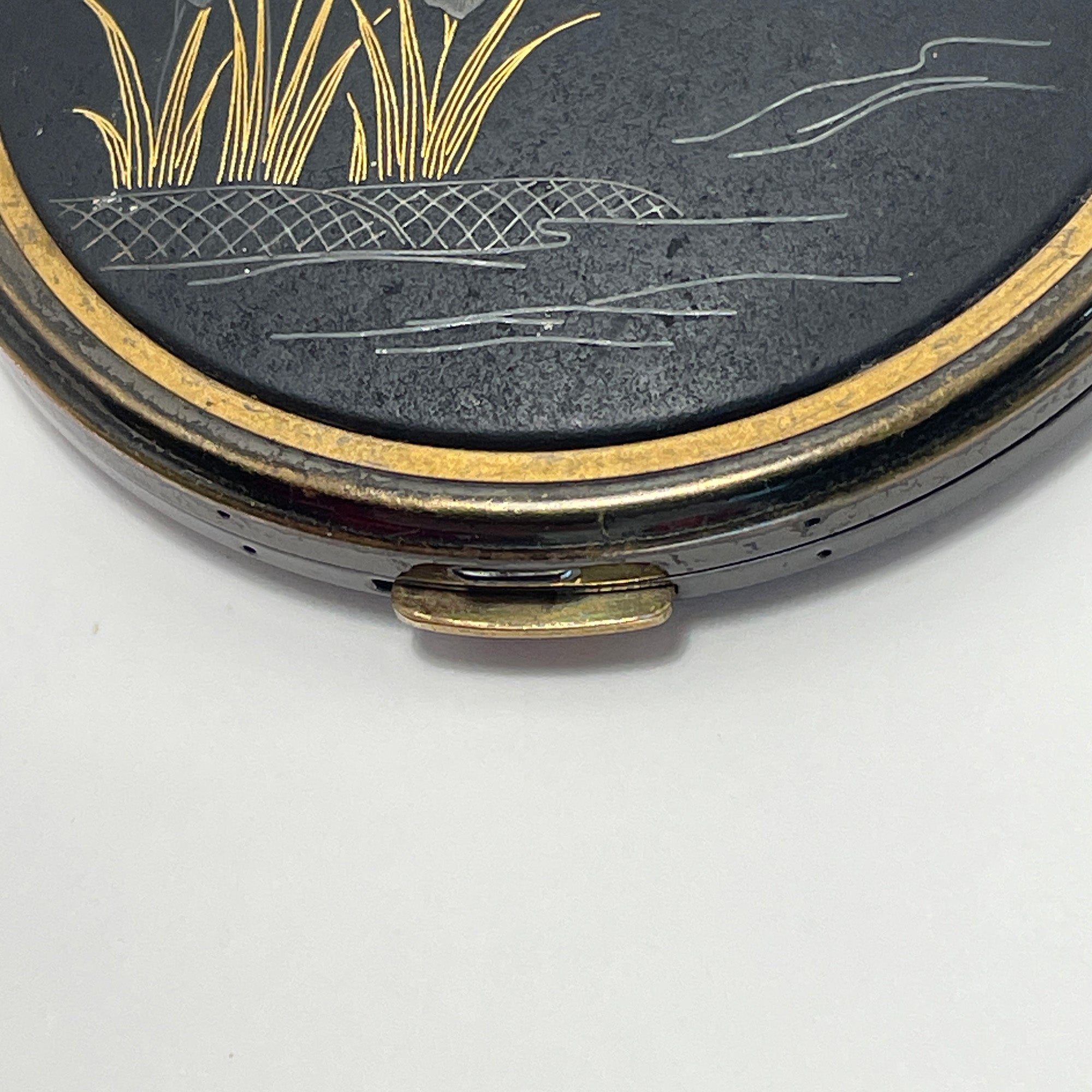 Vintage Damascene Gilded Metal Makeup Compact with Floral Motif