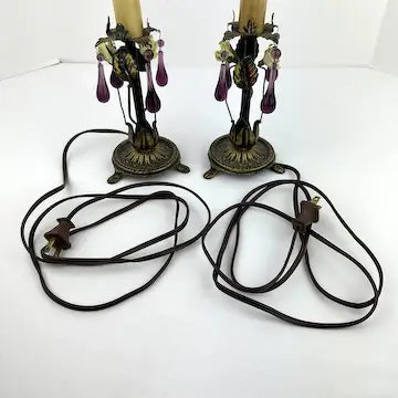 Pair of Vintage Table Lamps with Amethyst Drops and Czech Bead Covers