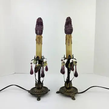 Pair of Vintage Table Lamps with Amethyst Drops and Czech Bead Covers