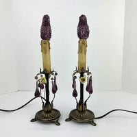 Pair of Vintage Table Lamps with Amethyst Drops and Czech Bead Covers