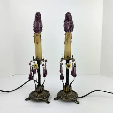 Pair of Vintage Table Lamps with Amethyst Drops and Czech Bead Covers