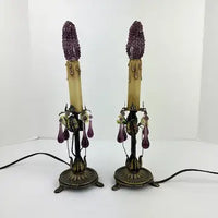 Pair of Vintage Table Lamps with Amethyst Drops and Czech Bead Covers