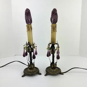 Pair of Vintage Table Lamps with Amethyst Drops and Czech Bead Covers
