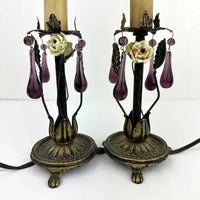Pair of Vintage Table Lamps with Amethyst Drops and Czech Bead Covers
